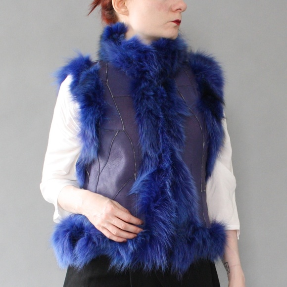 Vtg blue leather shearling patchwork fur vest - Picture 4 of 8